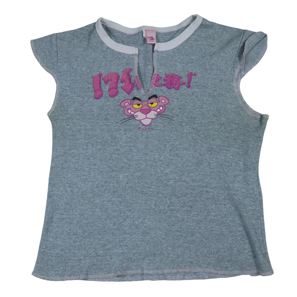 Vintage Y2K Pink Panther Graphic Gray Shirt Cap Sleeve Split Neck Ribbed Sz L